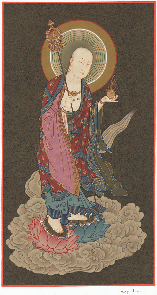 Ksitigarbha Hand Painted Thanka (S) Collectable, Antique, dZi beads
